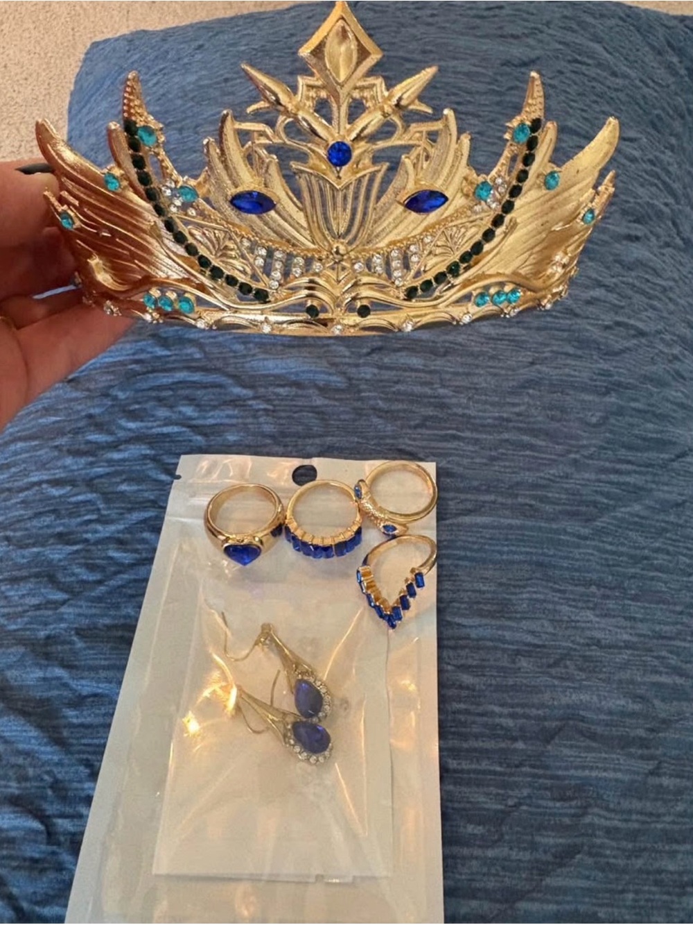 Gold and Blue Crystal Tiara Crown with Matching Ring /Earring Set